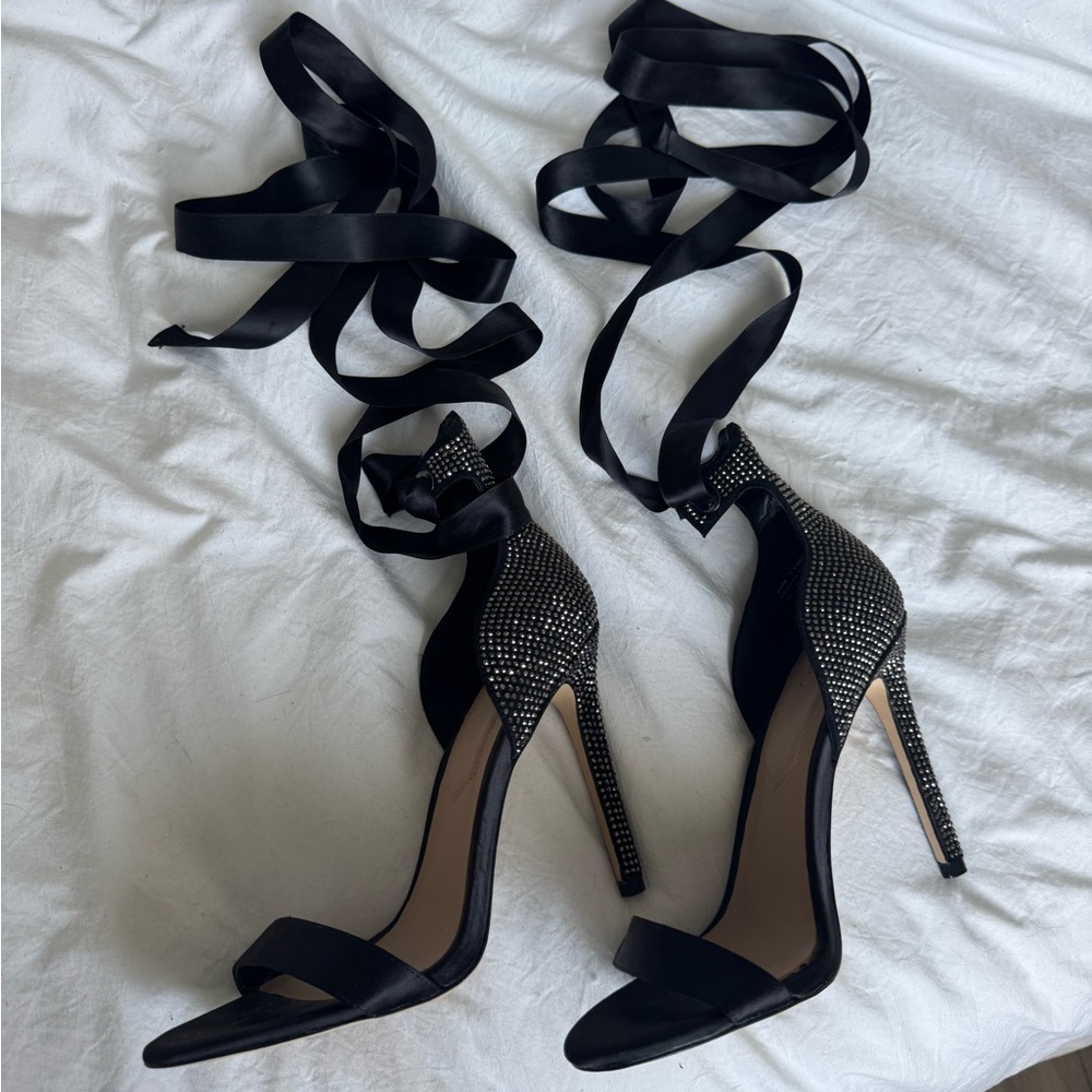 Aldo Black Strappy Heels with Silver Accents